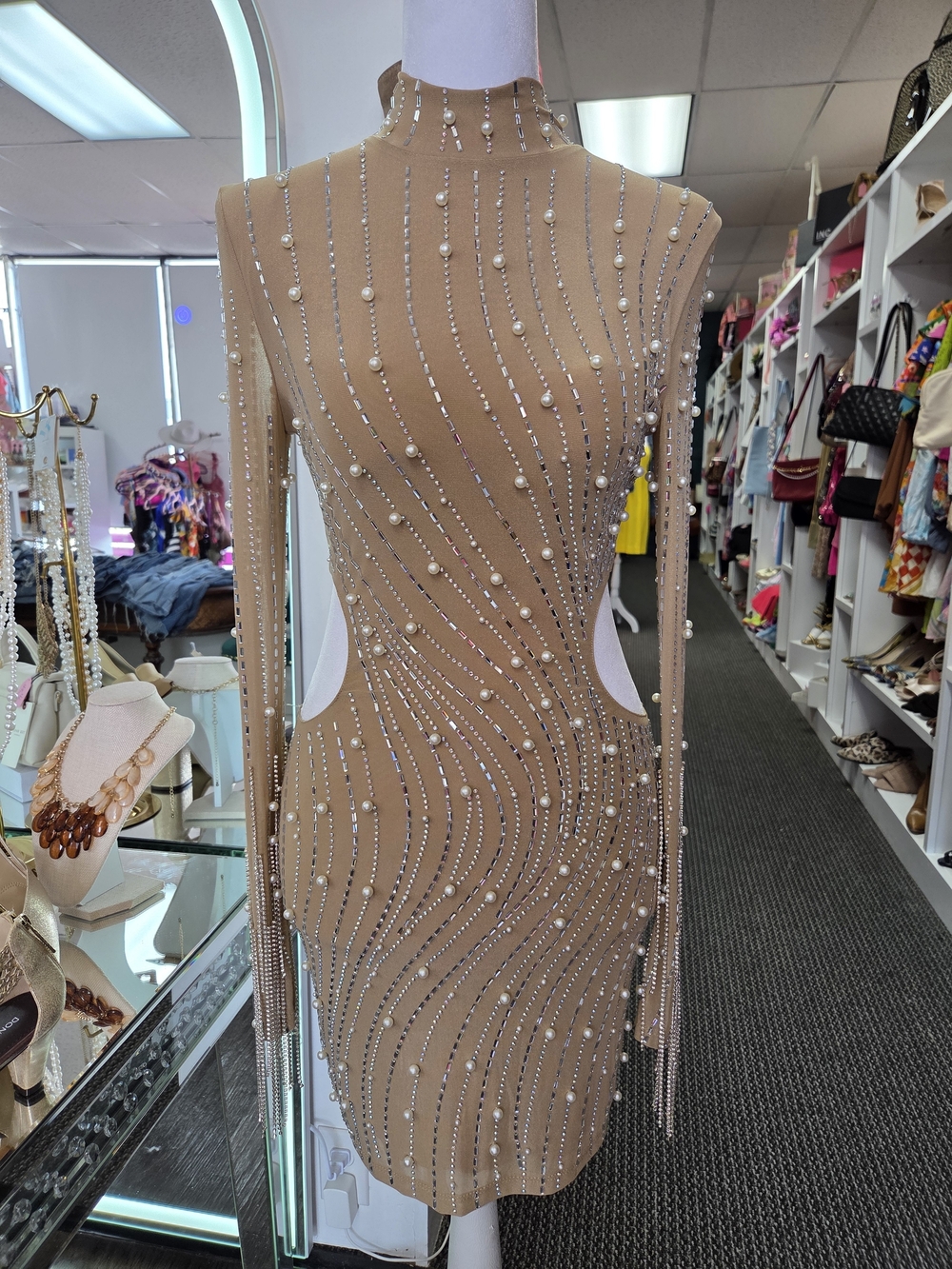 Embellished Nude Sheer High-Neck Mini Dress